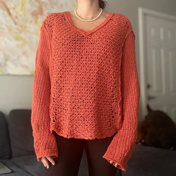 Free People Sweaters - Free People V-Neck Crochet Boho Sweater - Burnt Orange - Size M